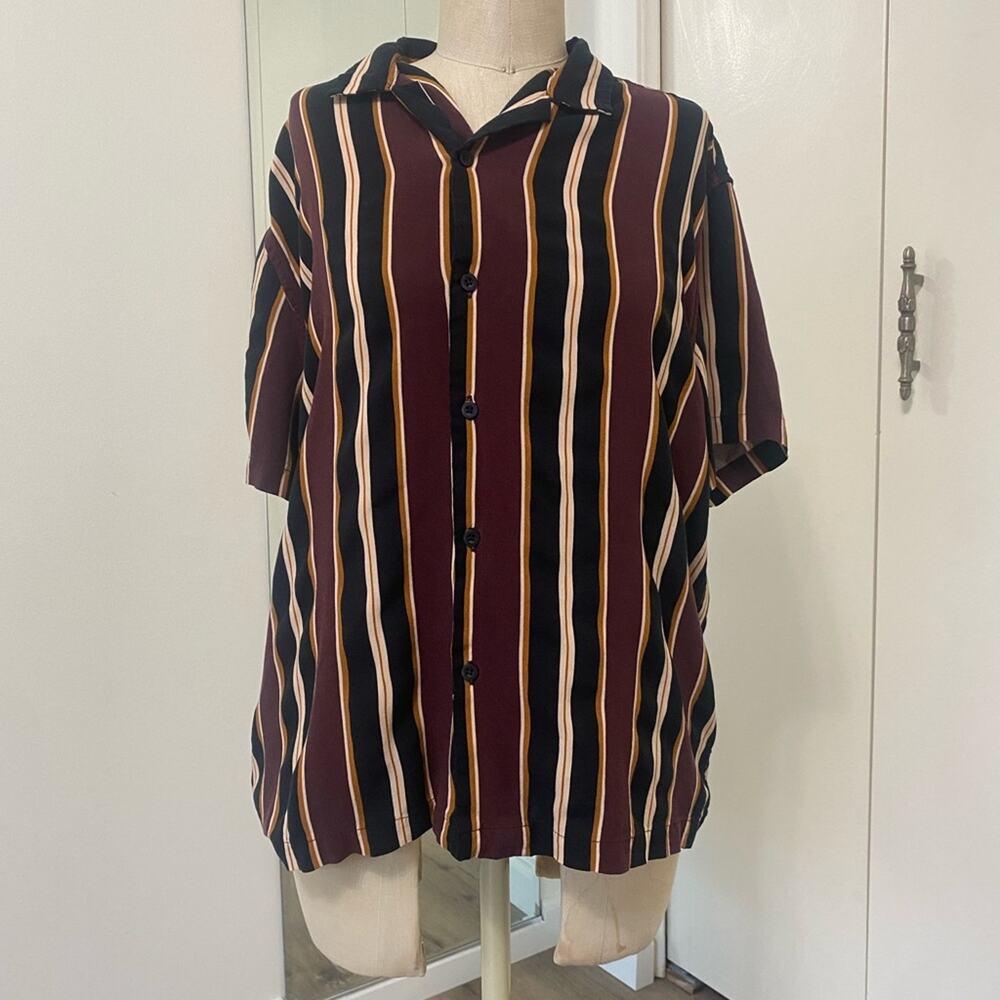 Vintage Haiku Collective Woman Striped Button Front Burgundy Relaxed Fit Shirt L